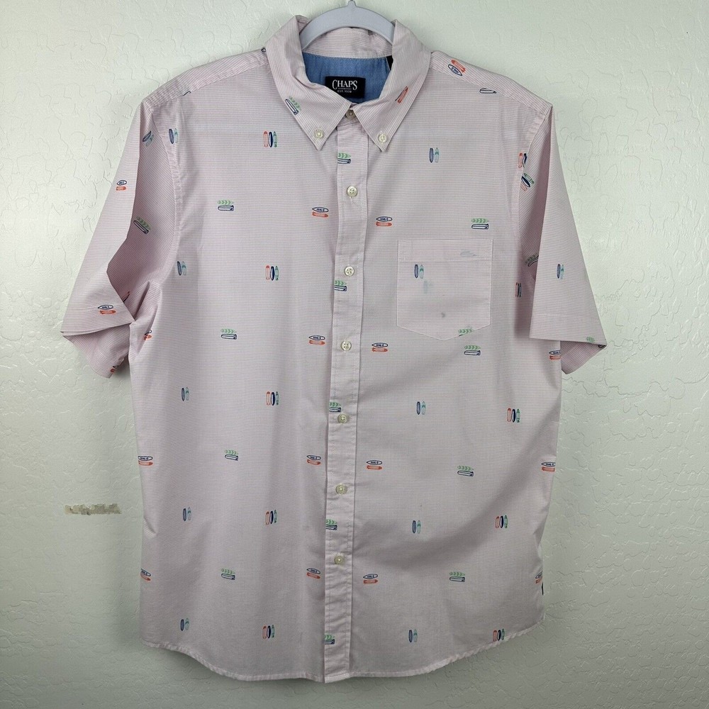 CHAPS Easy Care Men's Short Sleeve Pink Surfboard Button Down Shirt